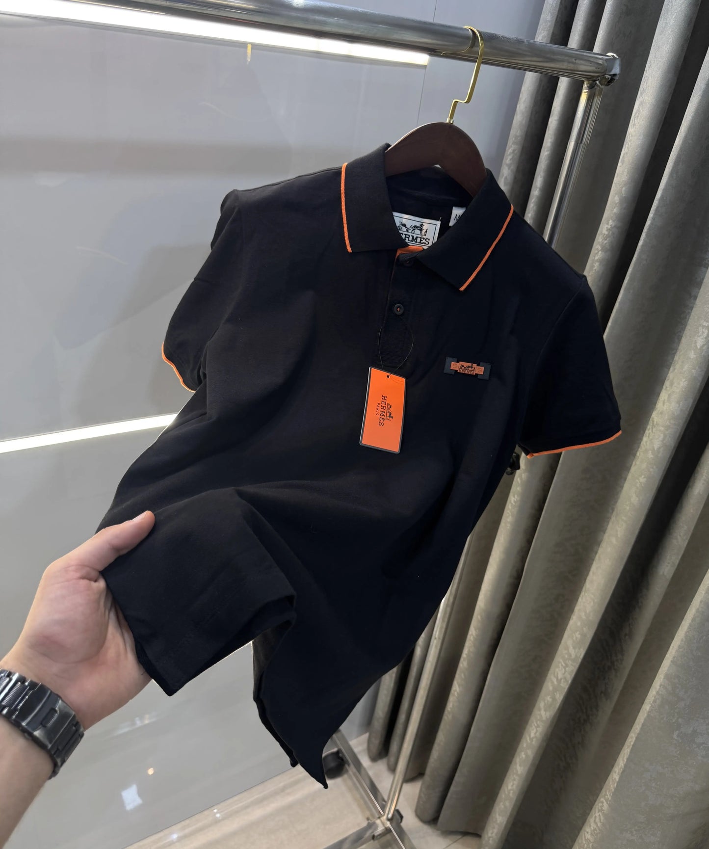 Hermes Black Embroidery Logo Premium Polo T-Shirt