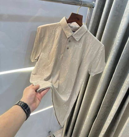 Gucc i Cream MonogR·aM Print Imported Polo T-Shirt