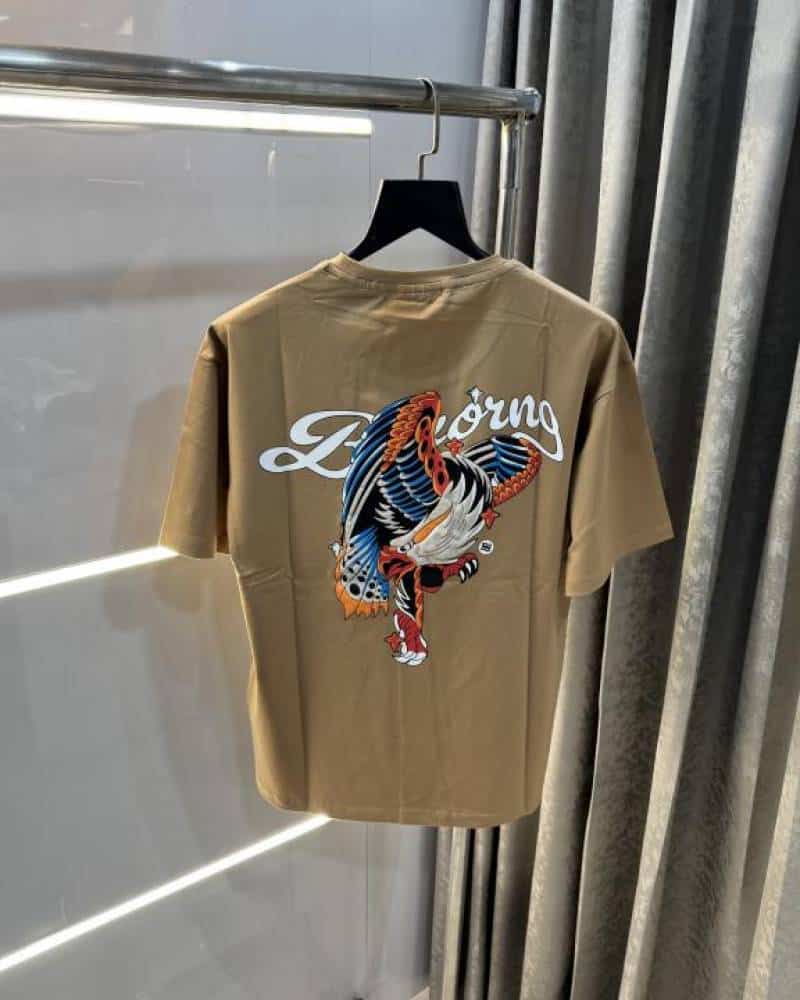 Bluorng Beige Eagle Embossed Print Imported Oversized T-Shirt