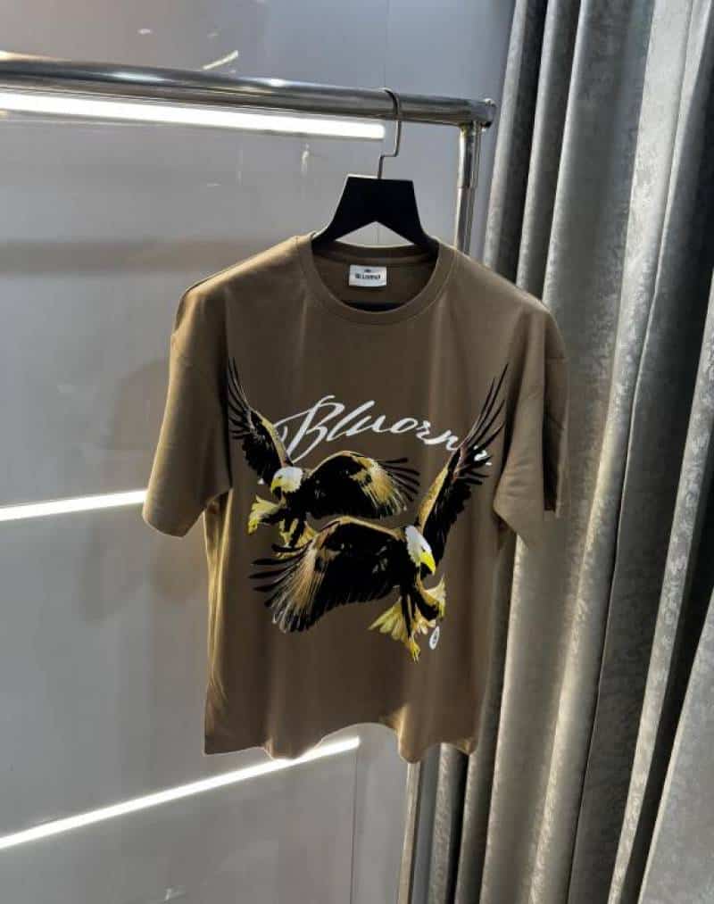 Bluorang Beige Eagle Embossed Print Imported Oversized T-Shirt