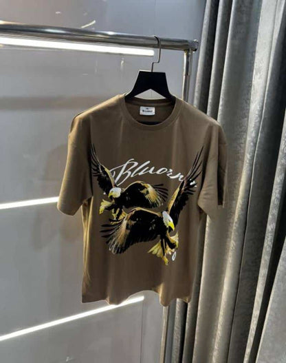 Bluorang Beige Eagle Embossed Print Imported Oversized T-Shirt