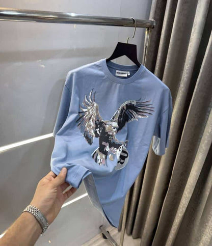 Bluoran g Sky Blue Eagle Print Imported Oversized T-Shirt