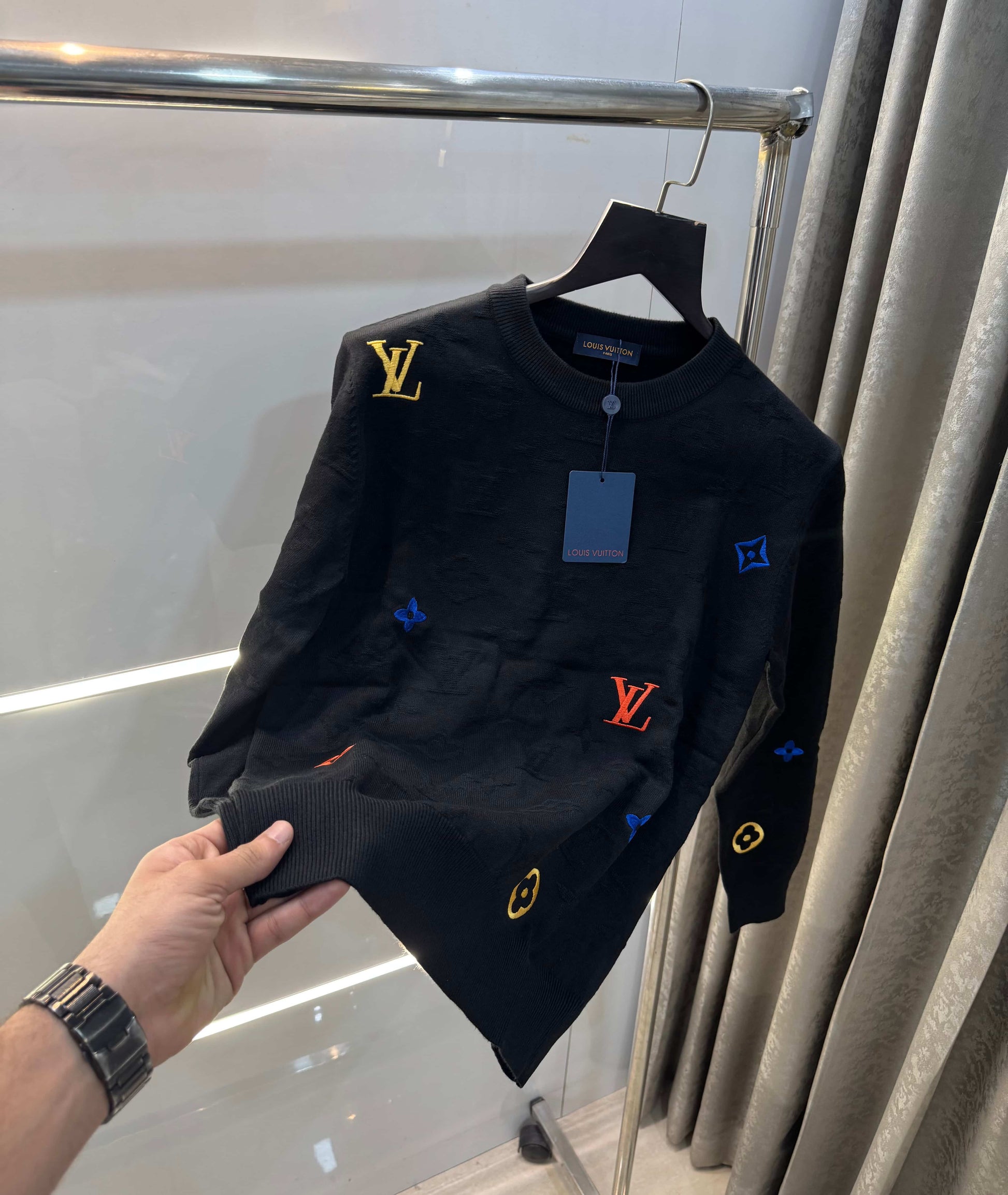 Louis  Vuitton Black Embroidery Logo Imported Knitted Pull Over