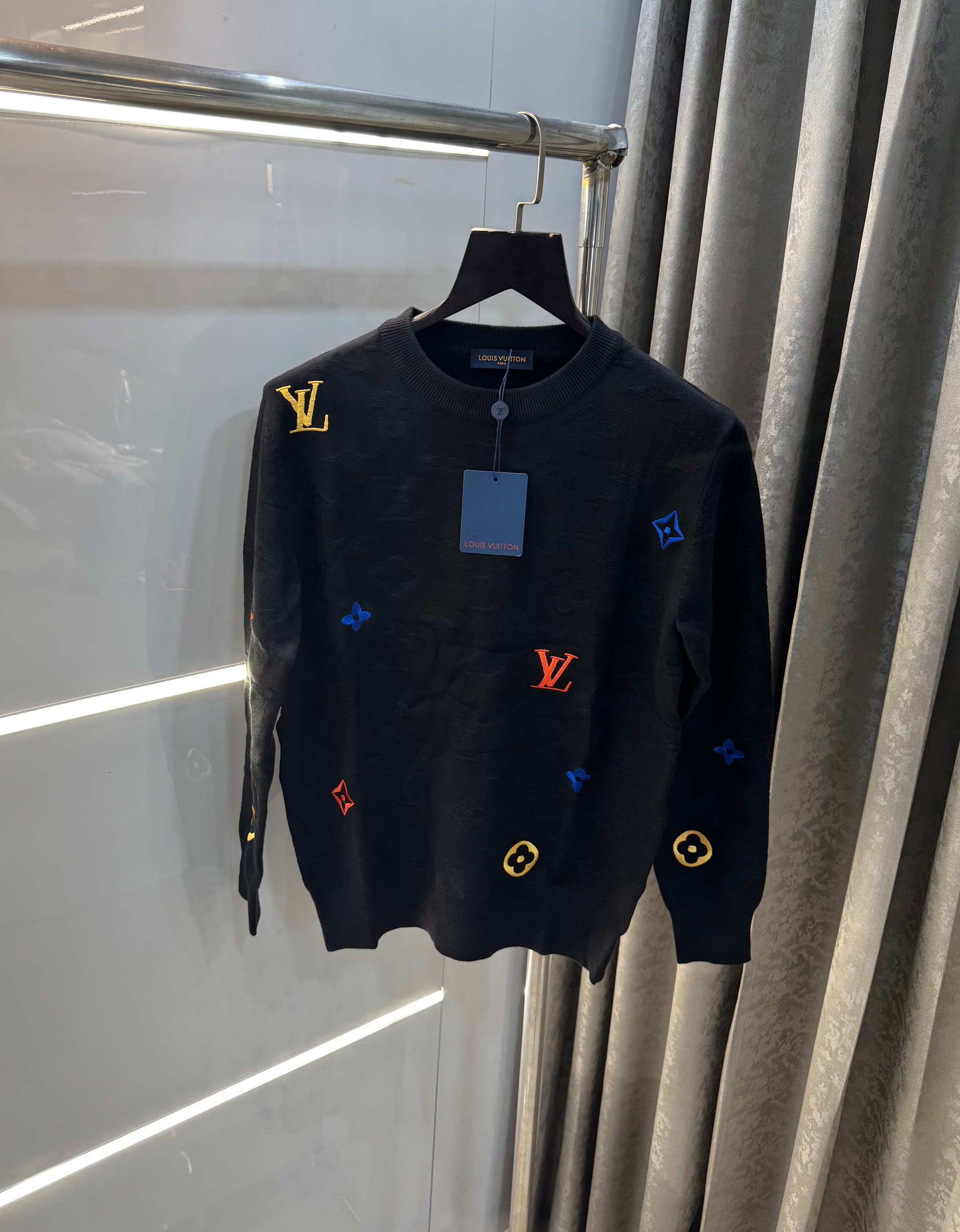 Louis  Vuitton Black Embroidery Logo Imported Knitted Pull Over