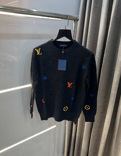 Louis  Vuitton Black Embroidery Logo Imported Knitted Pull Over