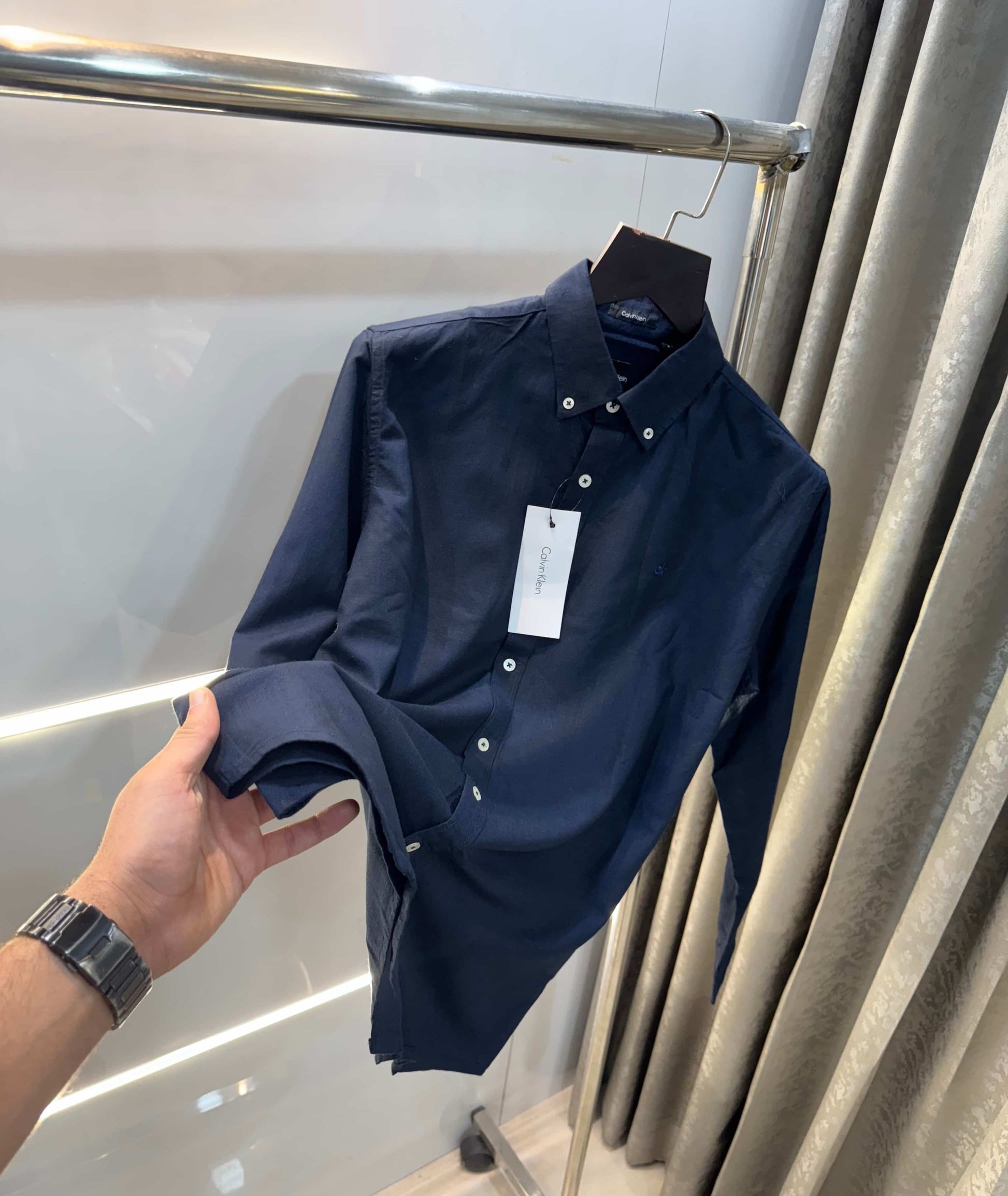 Calvin   klein Navy Blue Embroidery Logo Premium Linen Shirt