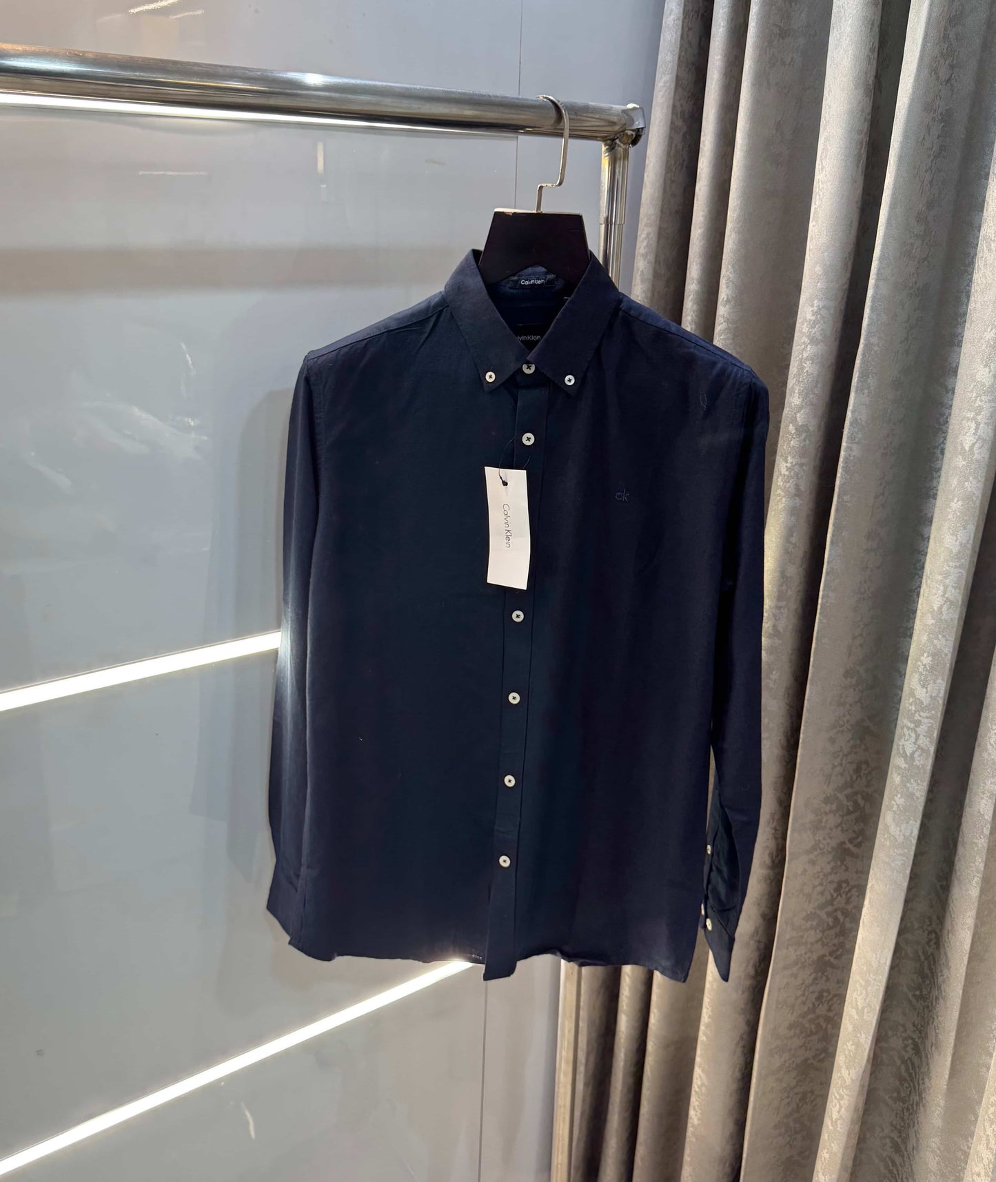 Calvin   klein Navy Blue Embroidery Logo Premium Linen Shirt
