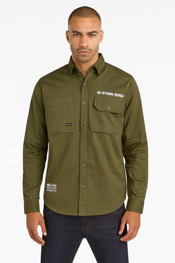 G-STA_R RAW OLIVE GREEN MENS SHIRT LIKELY A LONG-SLEEVE BUTTON-DOWN WITH CHEST POCKETS
