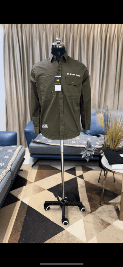 G-STA_R RAW OLIVE GREEN MENS SHIRT LIKELY A LONG-SLEEVE BUTTON-DOWN WITH CHEST POCKETS