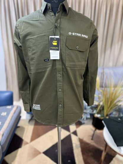 G-STA_R RAW OLIVE GREEN MENS SHIRT LIKELY A LONG-SLEEVE BUTTON-DOWN WITH CHEST POCKETS