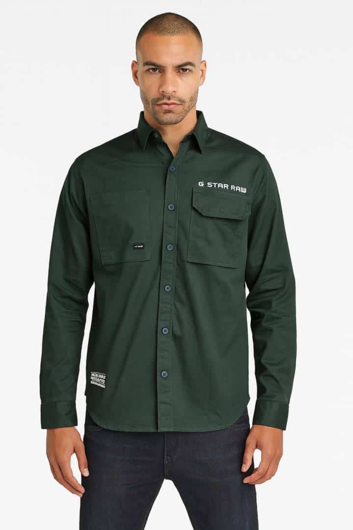 G-STA_R RAW DARK GREEN MENS SHIRT LIKELY A LONG-SLEEVE BUTTON-DOWN WITH CHEST POCKETS