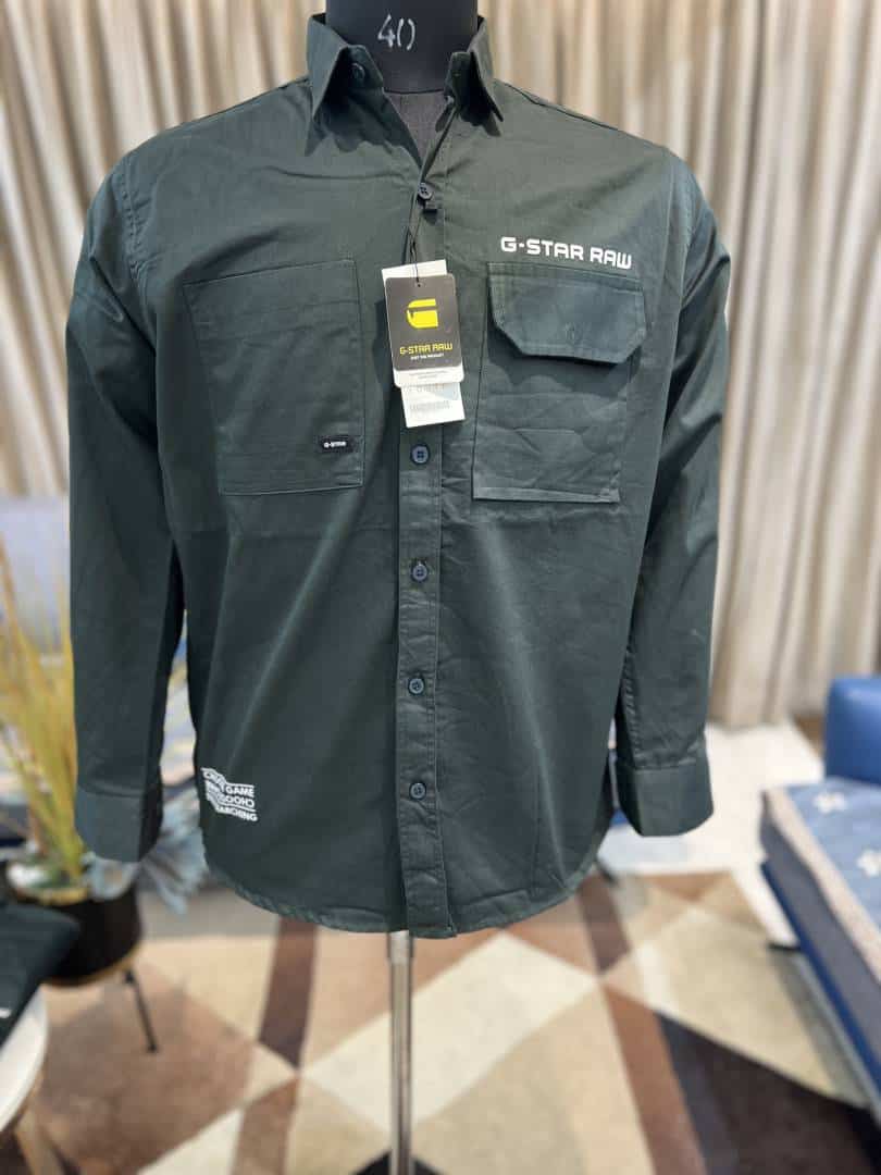 G-STA_R RAW DARK GREEN MENS SHIRT LIKELY A LONG-SLEEVE BUTTON-DOWN WITH CHEST POCKETS