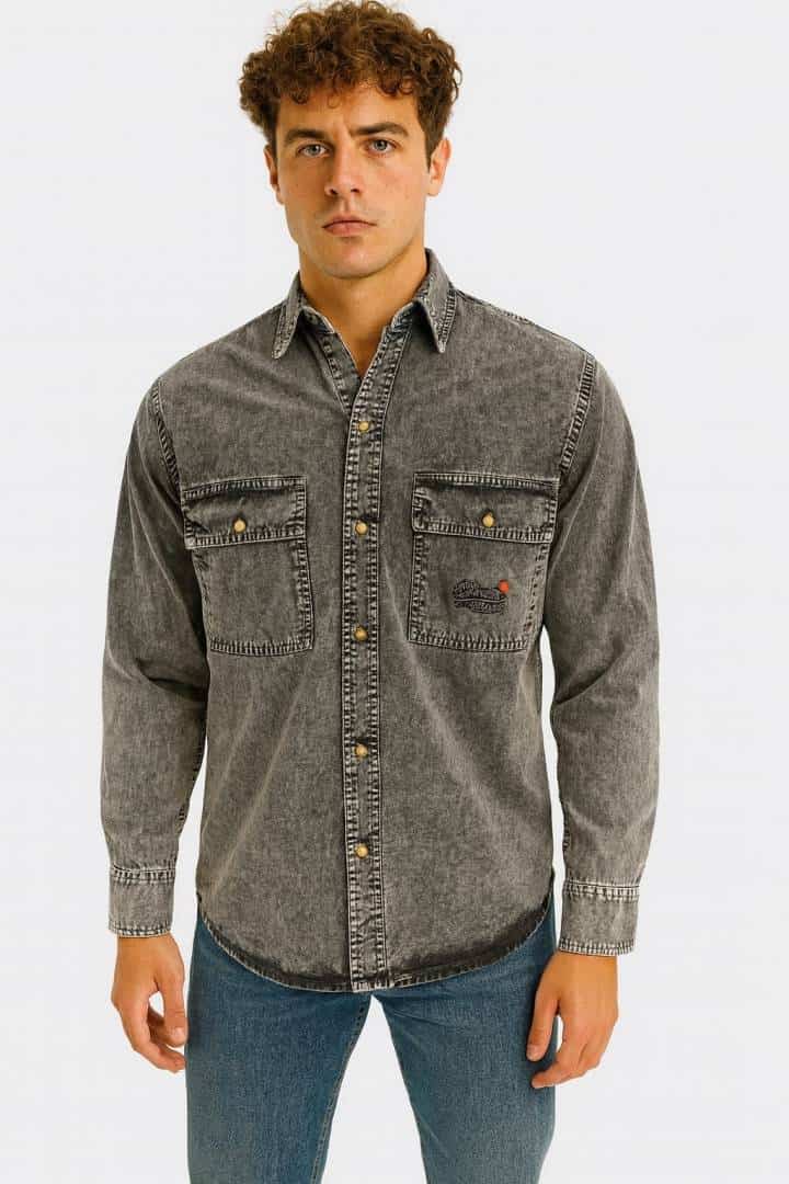 SUPER DRY GREY ACID WASHED DENIM SHIRTS IN PREMIUM QUALITY