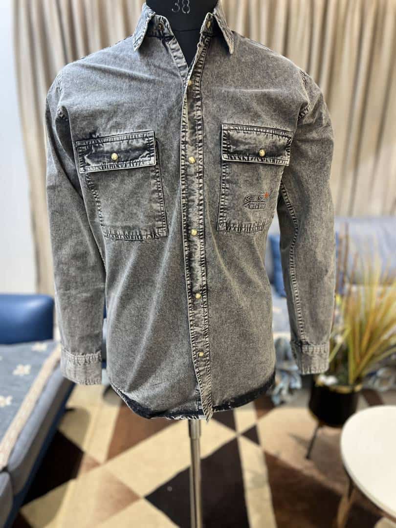 SUPER DRY GREY ACID WASHED DENIM SHIRTS IN PREMIUM QUALITY