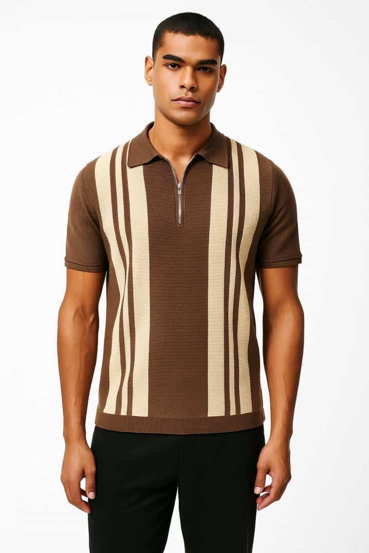 ZAR_A BROWN KNITTED POLO ZIPPER TSHIRT