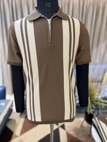 ZAR_A BROWN KNITTED POLO ZIPPER TSHIRT
