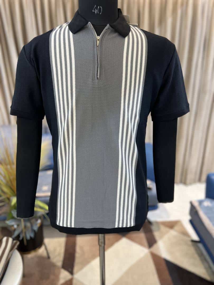 ZAR_A BLACK KNITTED POLO ZIPPER TSHIRT