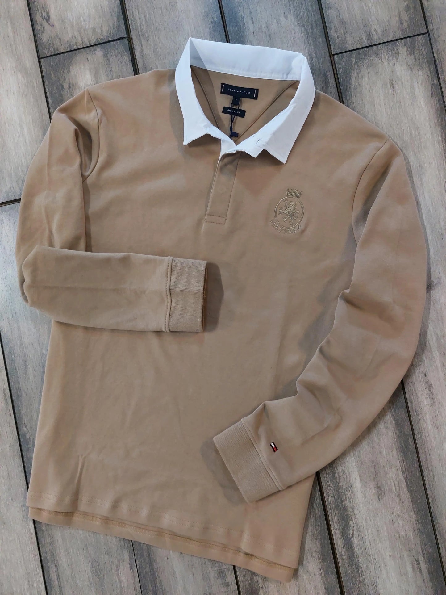 Tomm y Hilfiger Beige Embroidery Logo Premium Full Sleeve Polo T-Shirt