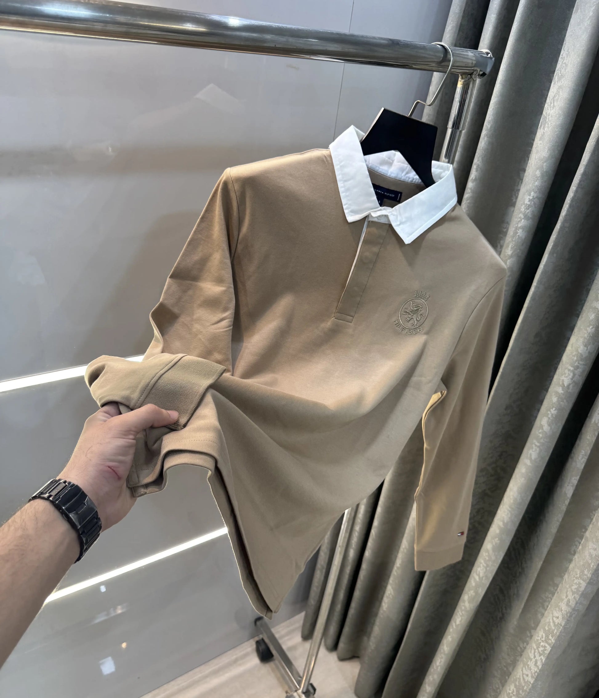 Tomm y Hilfiger Beige Embroidery Logo Premium Full Sleeve Polo T-Shirt