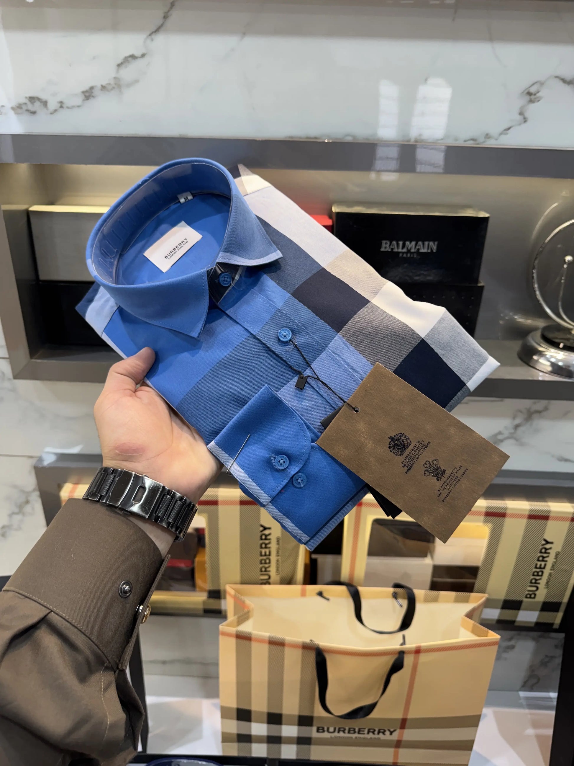 Burberr y 2 Blue Checks Premium Shirt With Original Bo_X Packing