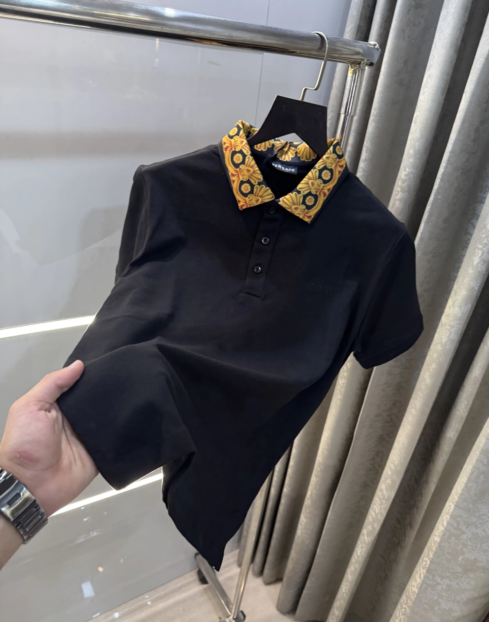 Ver_5ace Couture Black Logo Work Imported Polo T-Shirt