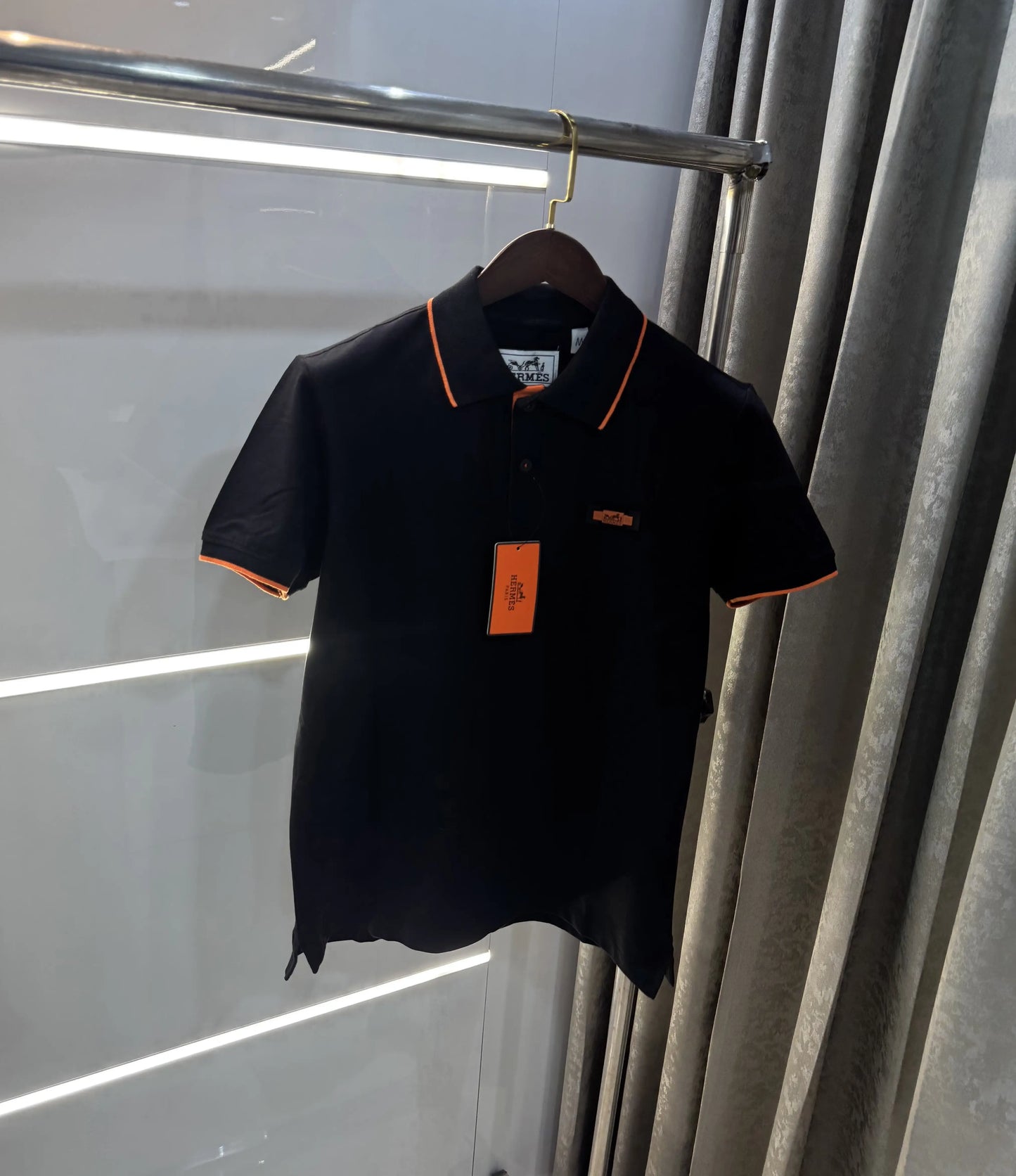 Hermes Black Embroidery Logo Premium Polo T-Shirt