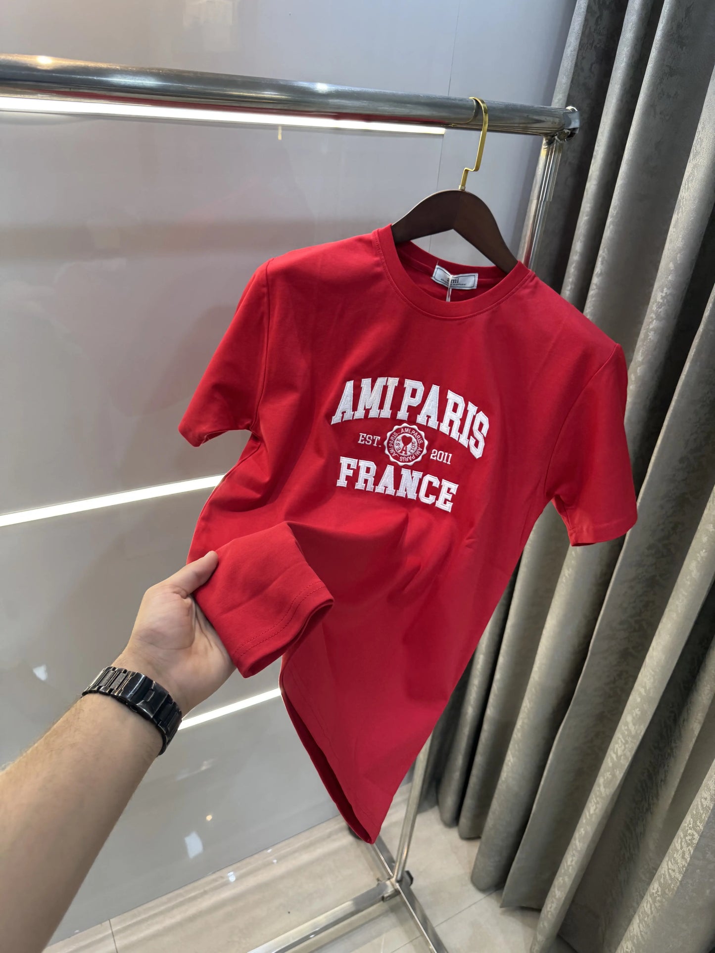 Ami Paris Red Embroidery Logo Premium T-Shirt