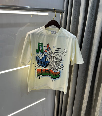 Adidas Cream Logo Print Imported Oversized T-Shirt