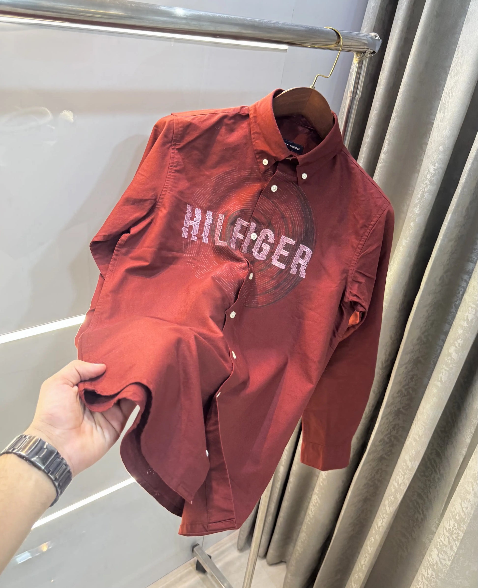 Tommy Hilfiger Maroon Embroidery Logo Work Premium Shirt