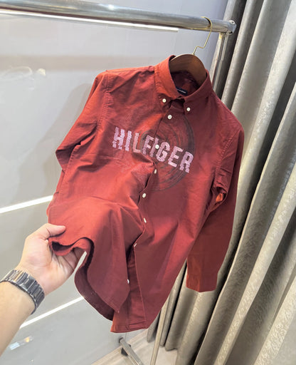 Tommy Hilfiger Maroon Embroidery Logo Work Premium Shirt