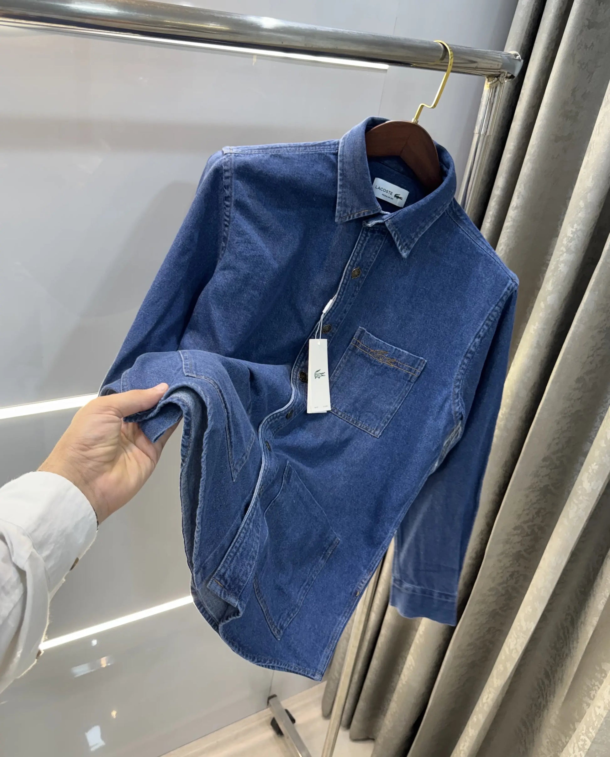 Lacost e Dark Blue 2  Embroidery Logo Premium Denim Shirt