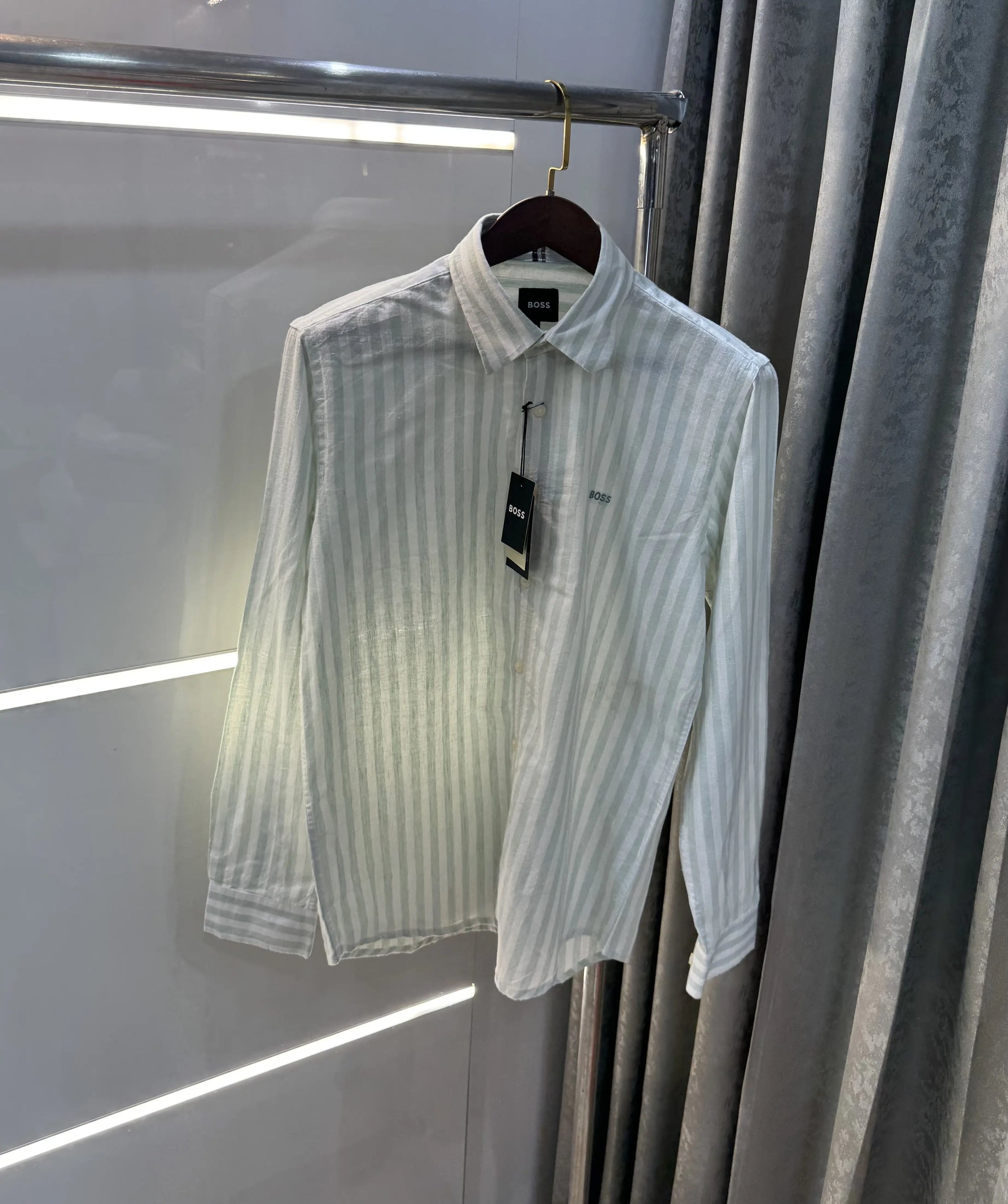 Hugo Boss Green linen Stripes Premium Shirt