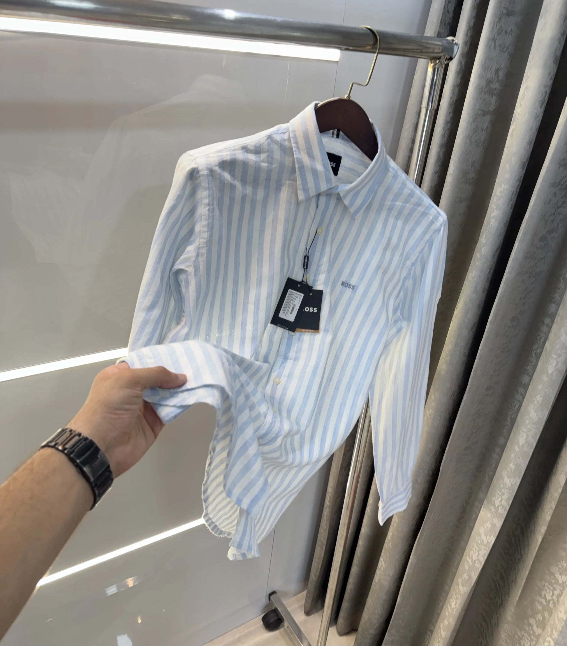 Hugo Boss Sky Blue linen Stripes Premium Shirt